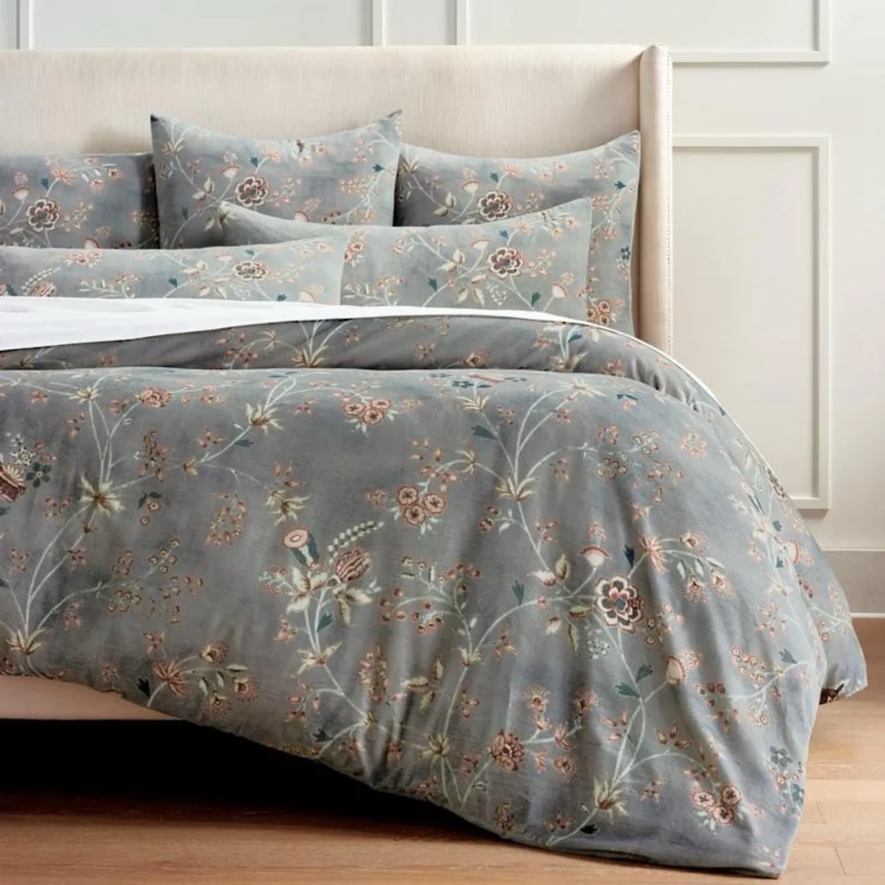 NEW Frontgate Cassia Gray Velvet Floral Duvet Cover KING Size 110” x 100”